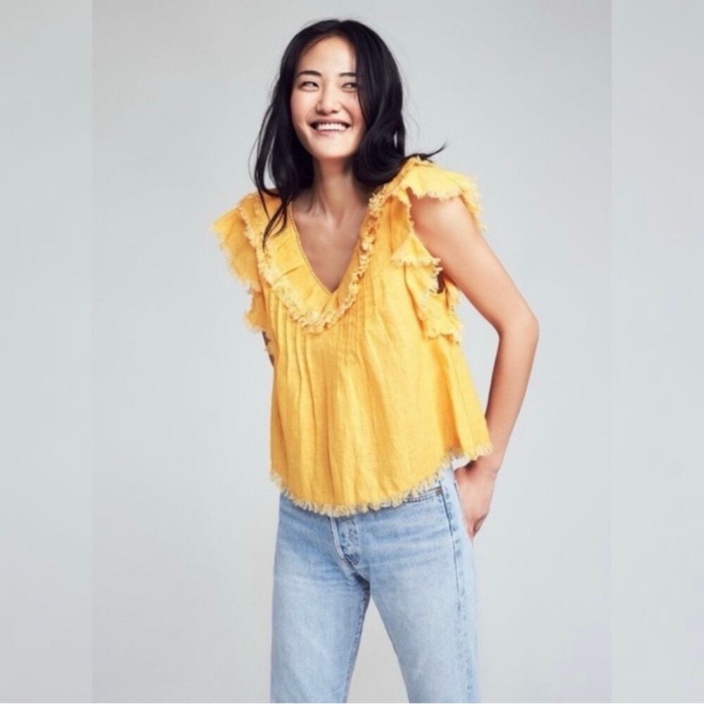 Faherty Yellow Ruffle V-Neck Sleeveless Blouse